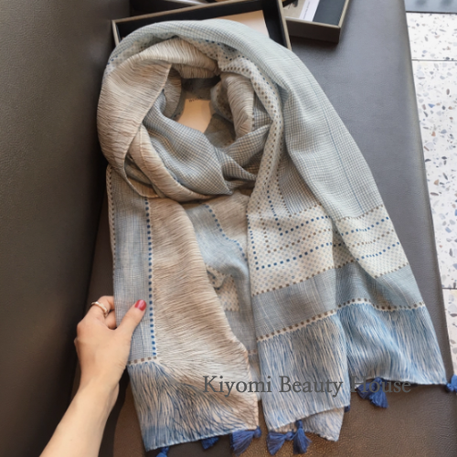 Blue Breeze Checkered Tassel Shawl