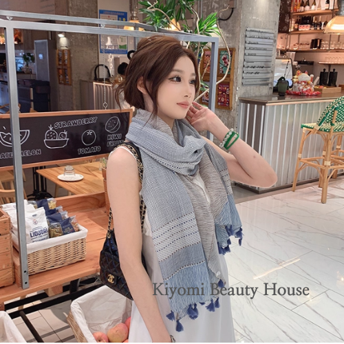 Blue Breeze Checkered Tassel Shawl