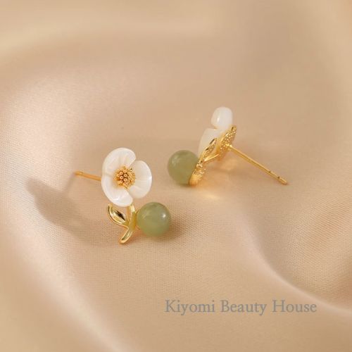 Natural Hetian Jade & Pearl Floral Earrings