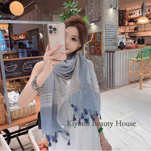 Blue Breeze Checkered Tassel Shawl