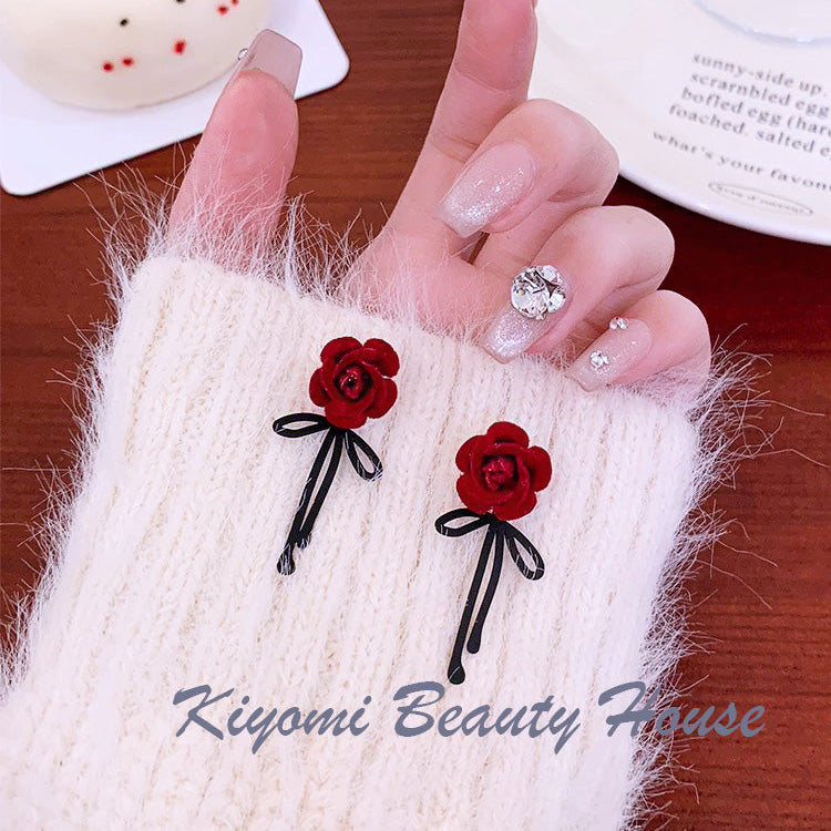 Wine Red Vintage Flocked 3d Rose & Bowknot Design Earrings