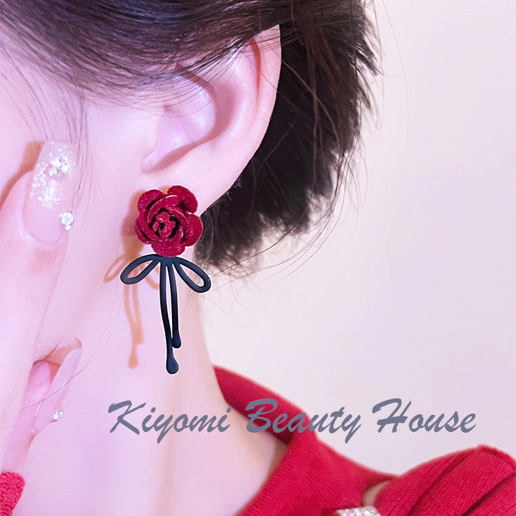 Wine Red Vintage Flocked 3d Rose & Bowknot Design Earrings