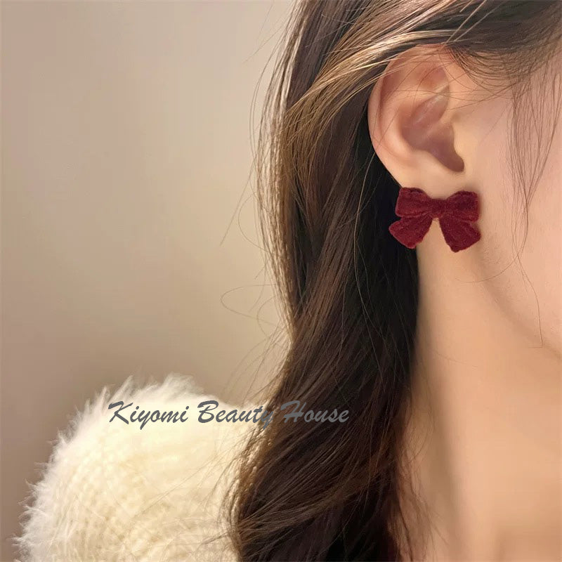 Velvet Christmas Red Bow Earrings