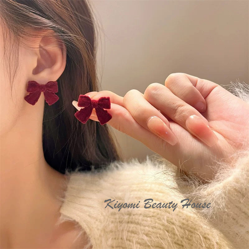 Velvet Christmas Red Bow Earrings