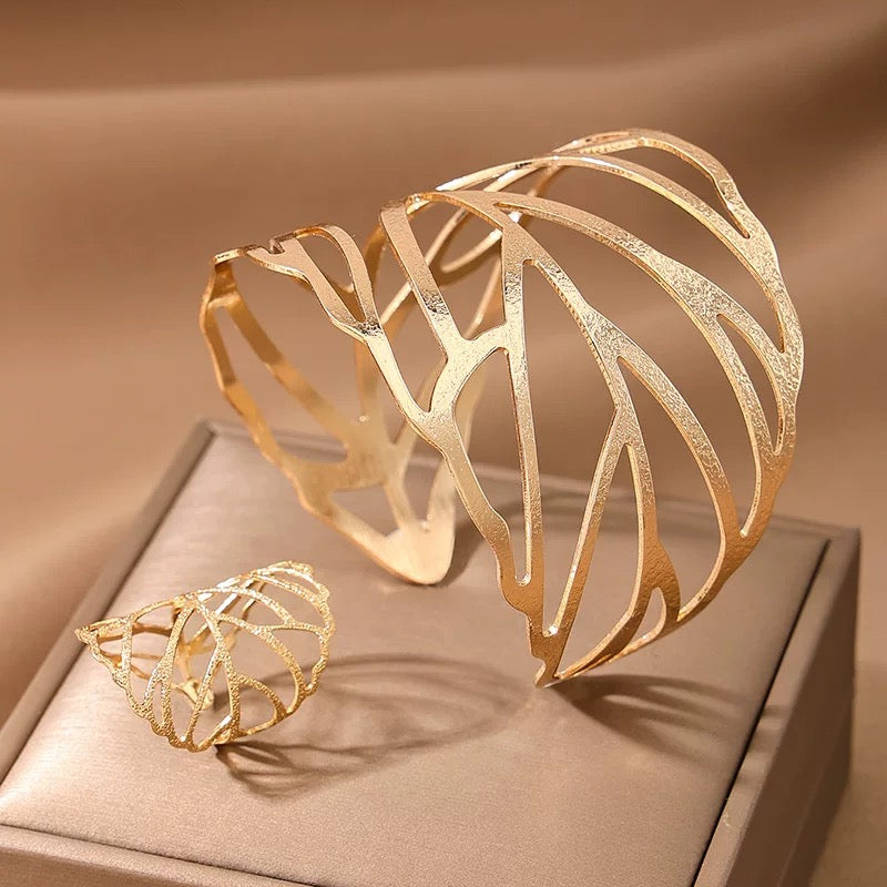 Hollow Leaf Cuff Bracelet, Hollow Leaf Ring