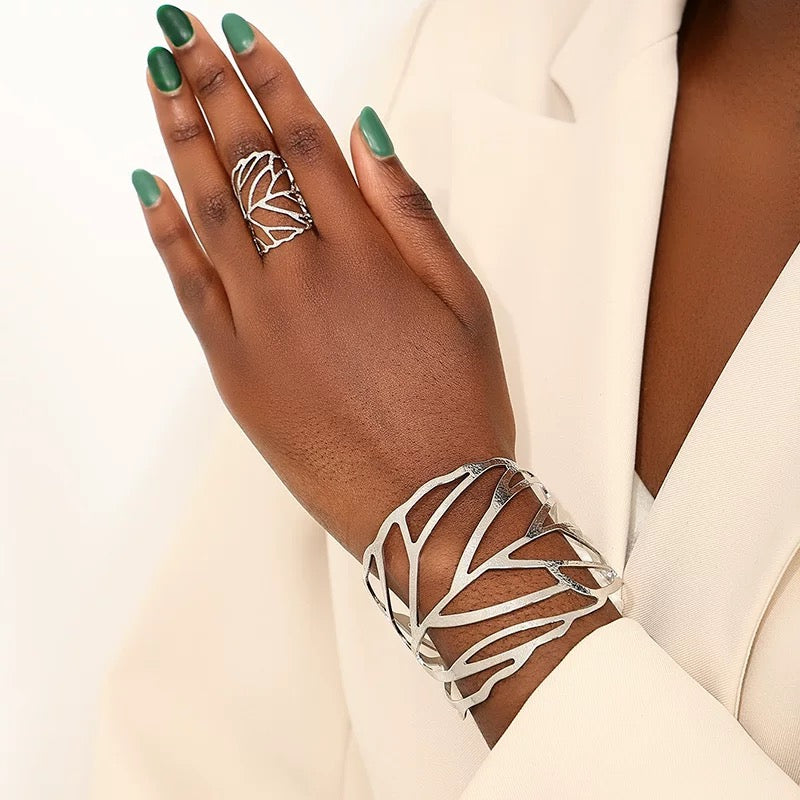 Hollow Leaf Cuff Bracelet, Hollow Leaf Ring
