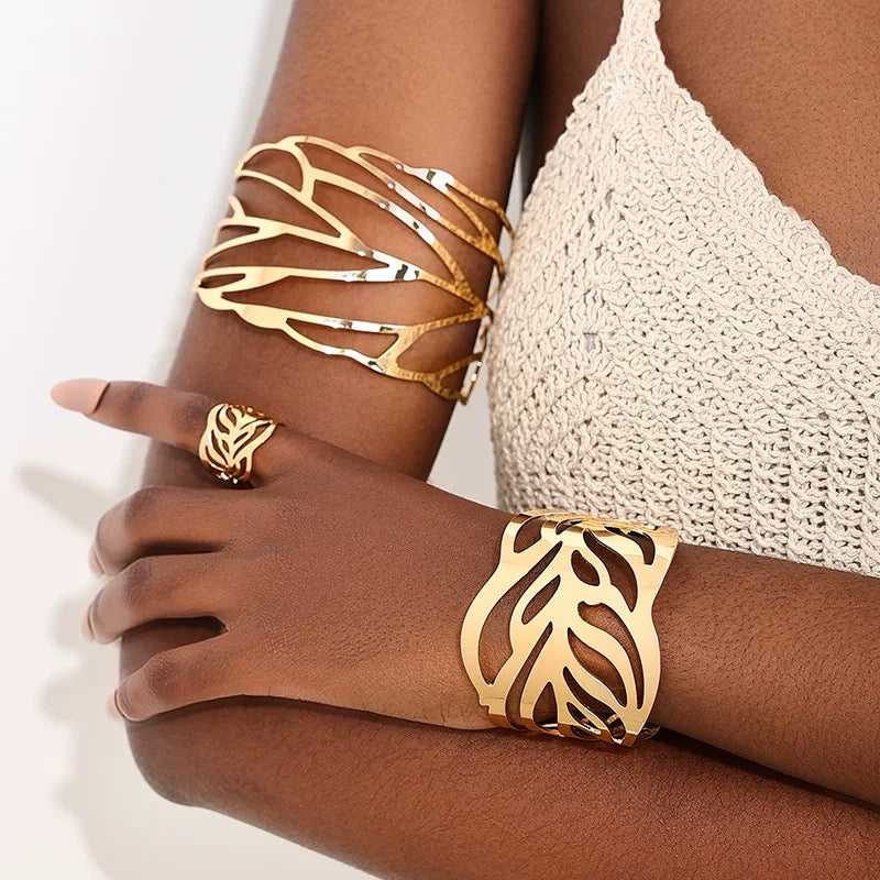 Hollow Leaf Cuff Bracelet, Hollow Leaf Ring