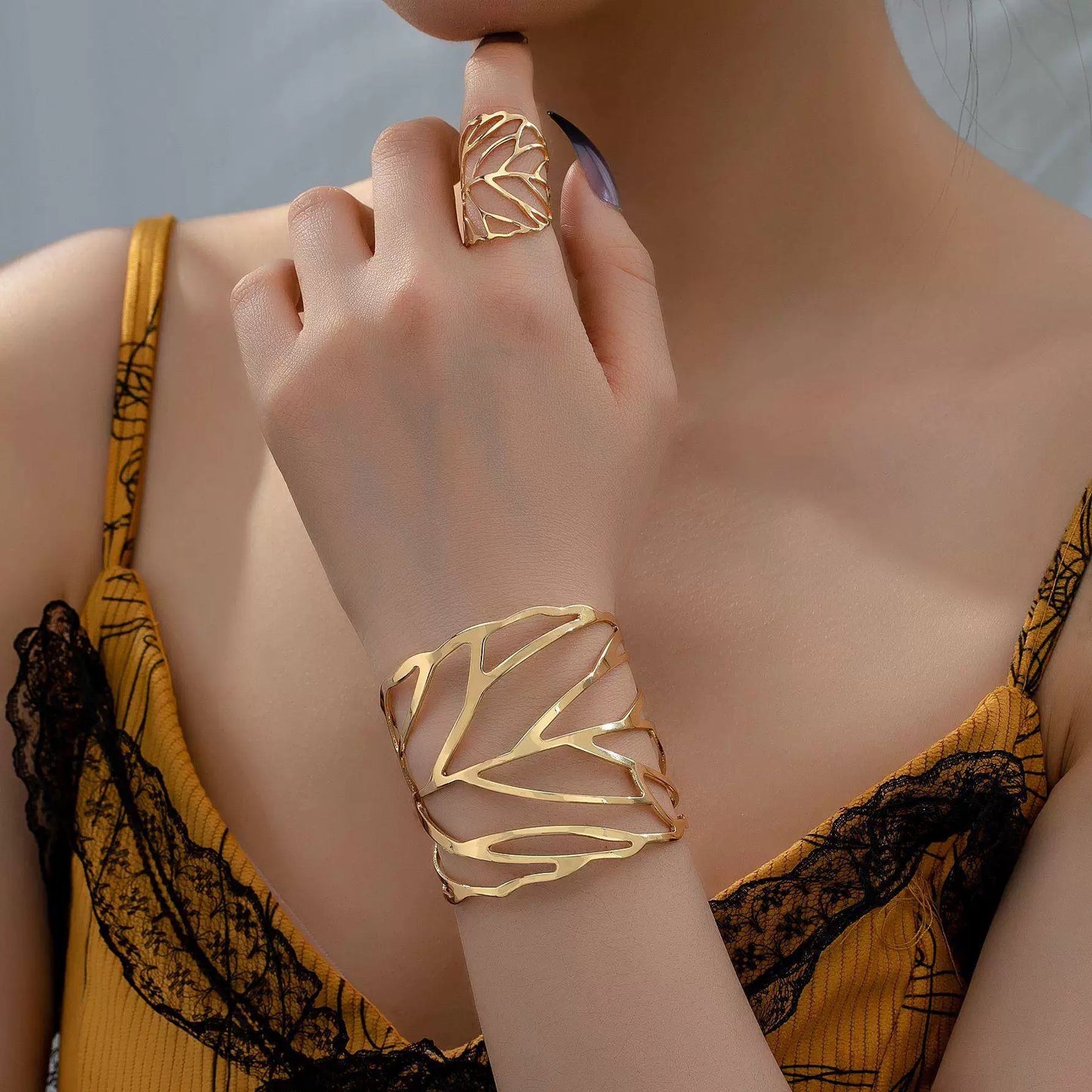Hollow Leaf Cuff Bracelet, Hollow Leaf Ring