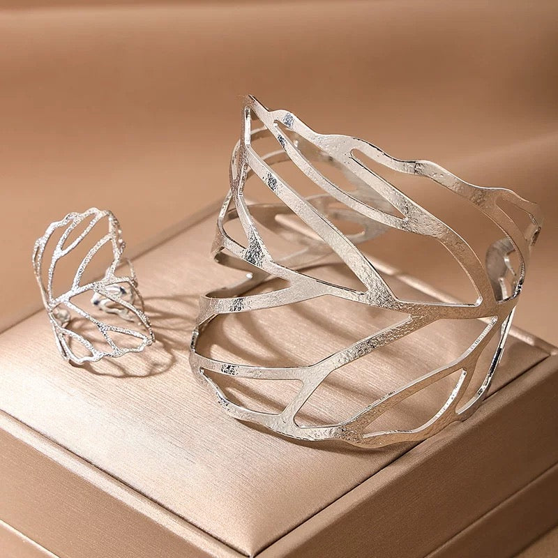 Hollow Leaf Cuff Bracelet, Hollow Leaf Ring