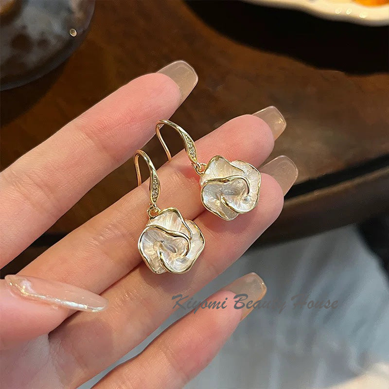 Long Flower Crystal Earrings Camellia Dangle Drop