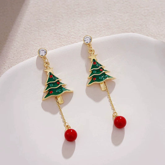 Christmas Earrings Collection-Green Christmas Tree + Red Bead Tassel Earrings