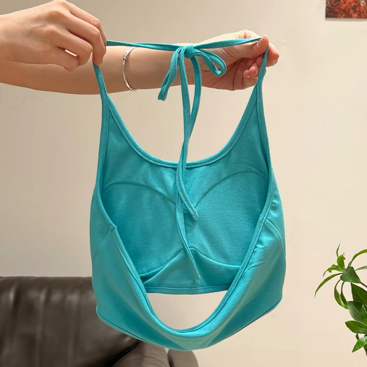 Turquoise Halter Crop Tank Top with Built-in Bra Pads