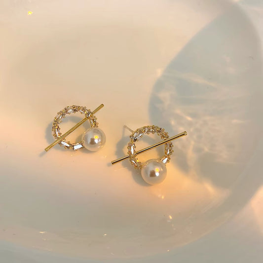 Pearl & Rhinestone Hoop Stud Earrings