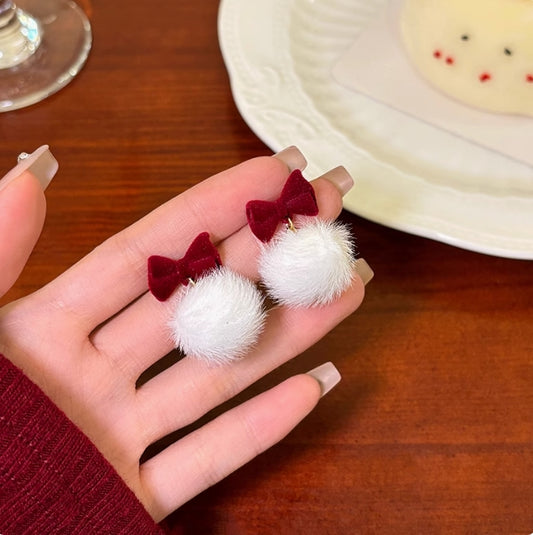 New year Christmas Bow Pom Stud Earrings