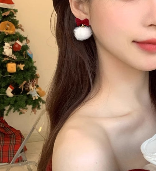 New year Christmas Bow Pom Stud Earrings
