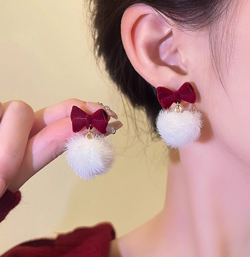 New year Christmas Bow Pom Stud Earrings