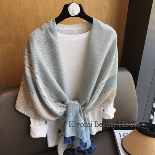 Blue Breeze Checkered Tassel Shawl