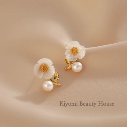 Natural Hetian Jade & Pearl Floral Earrings