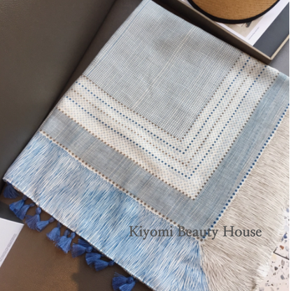 Blue Breeze Checkered Tassel Shawl