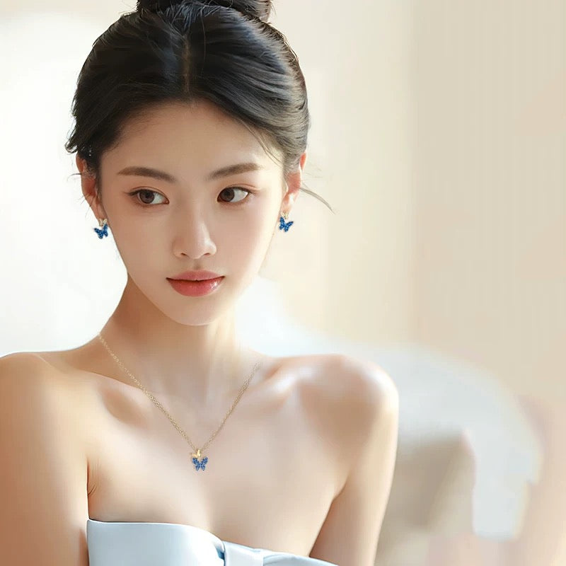 Blue Butterfly Jewelry Set – Necklace & Earrings