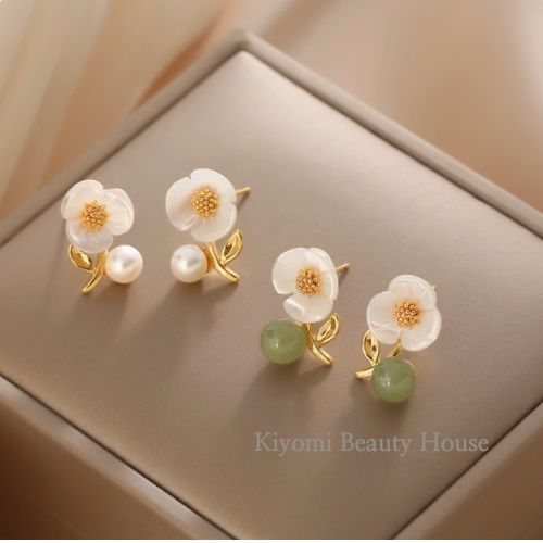 Natural Hetian Jade & Pearl Floral Earrings