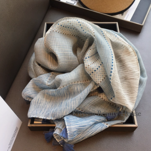 Blue Breeze Checkered Tassel Shawl