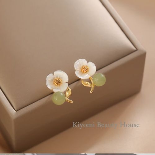 Natural Hetian Jade & Pearl Floral Earrings