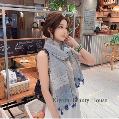 Blue Breeze Checkered Tassel Shawl