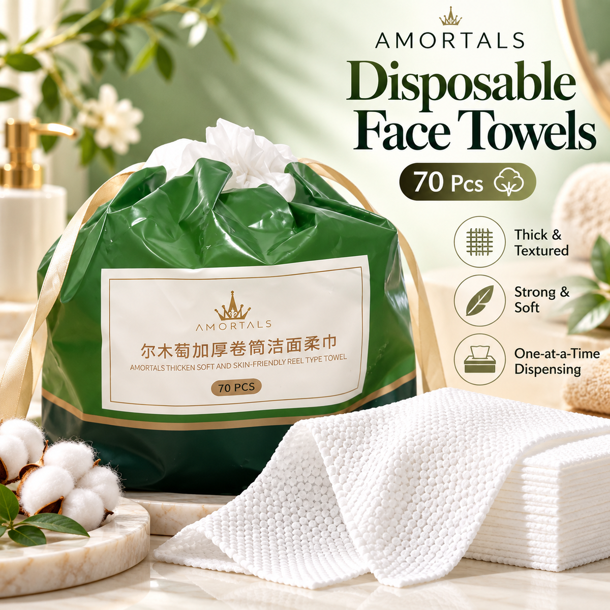 AMORTALS Disposable Face Towels – 70 Pcs