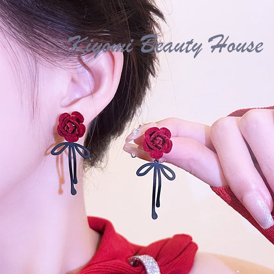 Wine Red Vintage Flocked 3d Rose & Bowknot Design Earrings