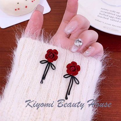 Wine Red Vintage Flocked 3d Rose & Bowknot Design Earrings