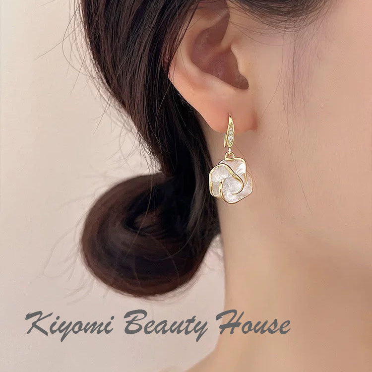 Long Flower Crystal Earrings Camellia Dangle Drop