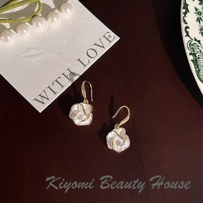 Long Flower Crystal Earrings Camellia Dangle Drop