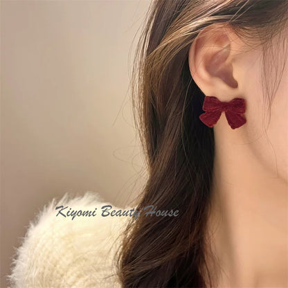 Velvet Christmas Red Bow Earrings