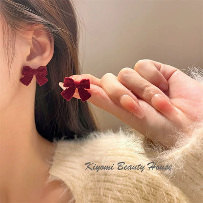 Velvet Christmas Red Bow Earrings