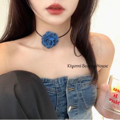 French Vintage Denim Rose Choker – Elegant Women's Necklace with Unique Designer Style