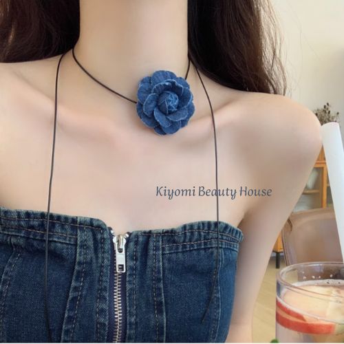 French Vintage Denim Rose Choker – Elegant Women's Necklace with Unique Designer Style