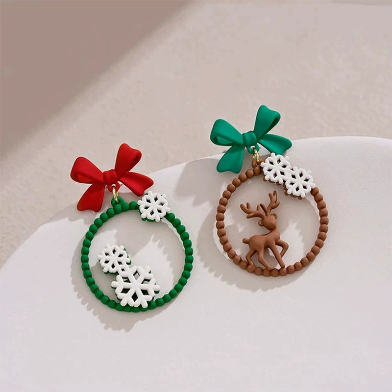 Christmas Earrings Collection-Red & Green Bow & Snowflake Reindeer Earrings