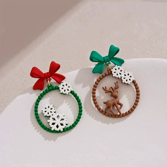 Christmas Earrings Collection-Red & Green Bow & Snowflake Reindeer Earrings