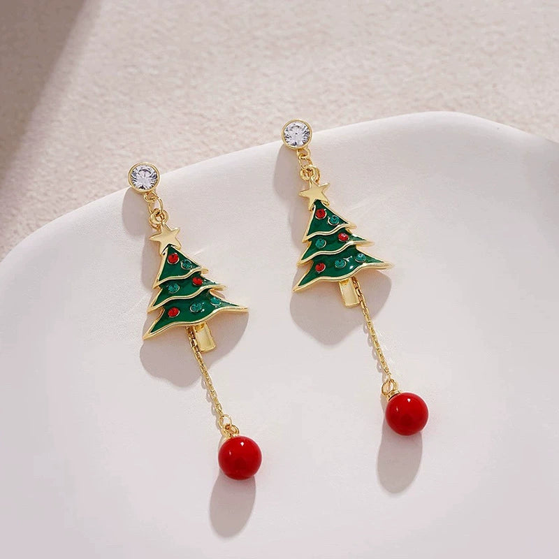 Christmas Earrings Collection-Green Christmas Tree + Red Bead Tassel Earrings