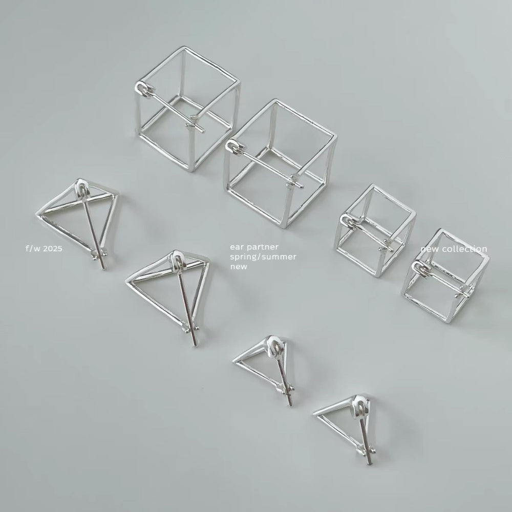 3D Geometric Triangle and Square Stud Earrings