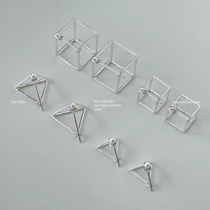3D Geometric Triangle and Square Stud Earrings