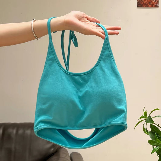 Turquoise Halter Crop Tank Top with Built-in Bra Pads