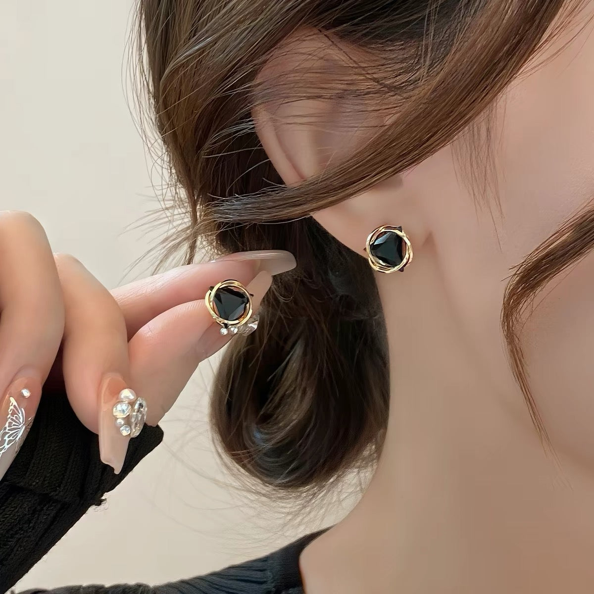 Black Triangle Crystal Stud Earrings